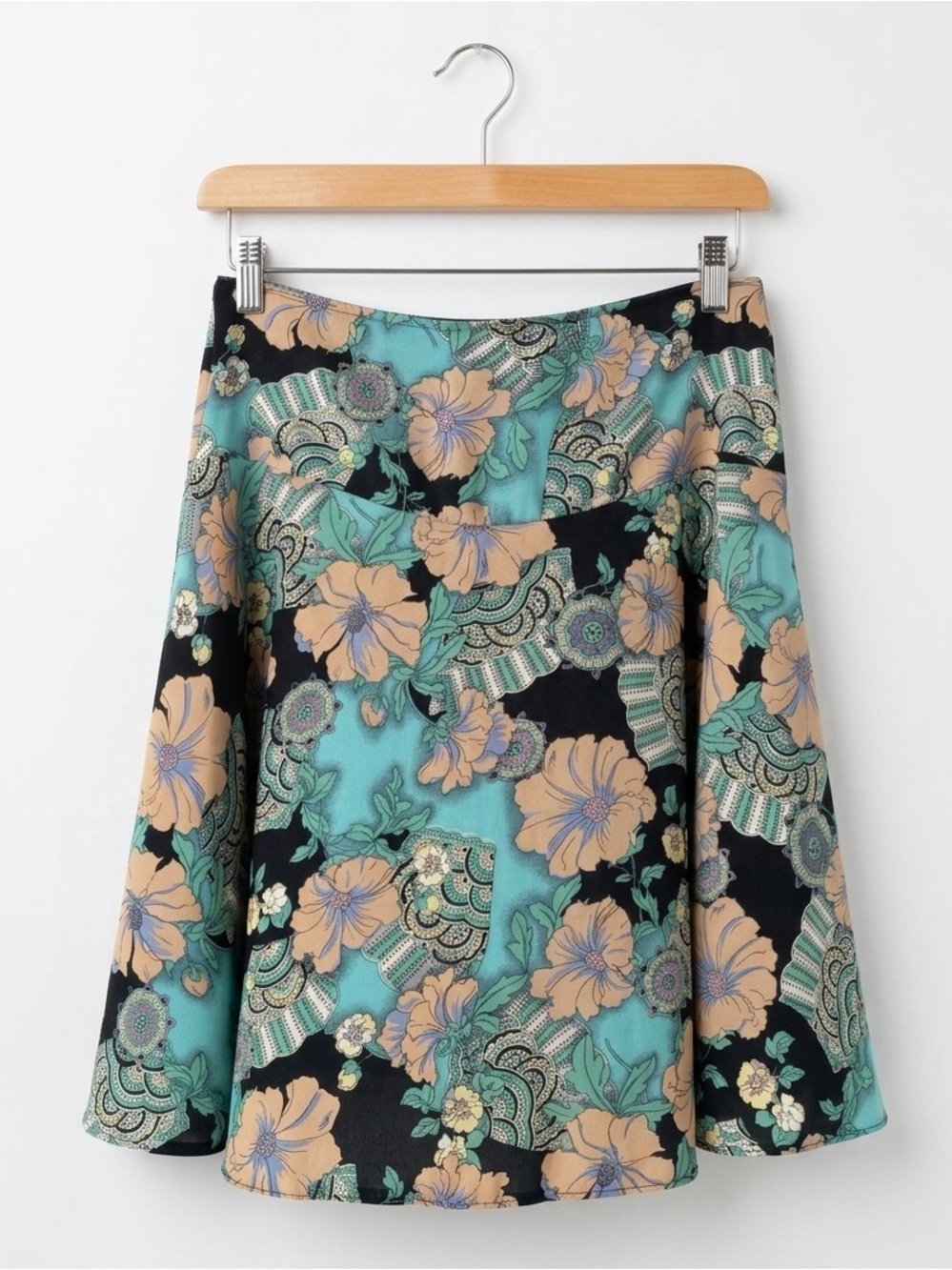 Vintage Floral Fan Print Skirt 16" Waist Boho Whimsigoth Retro Swing Midi Skirt⁠
